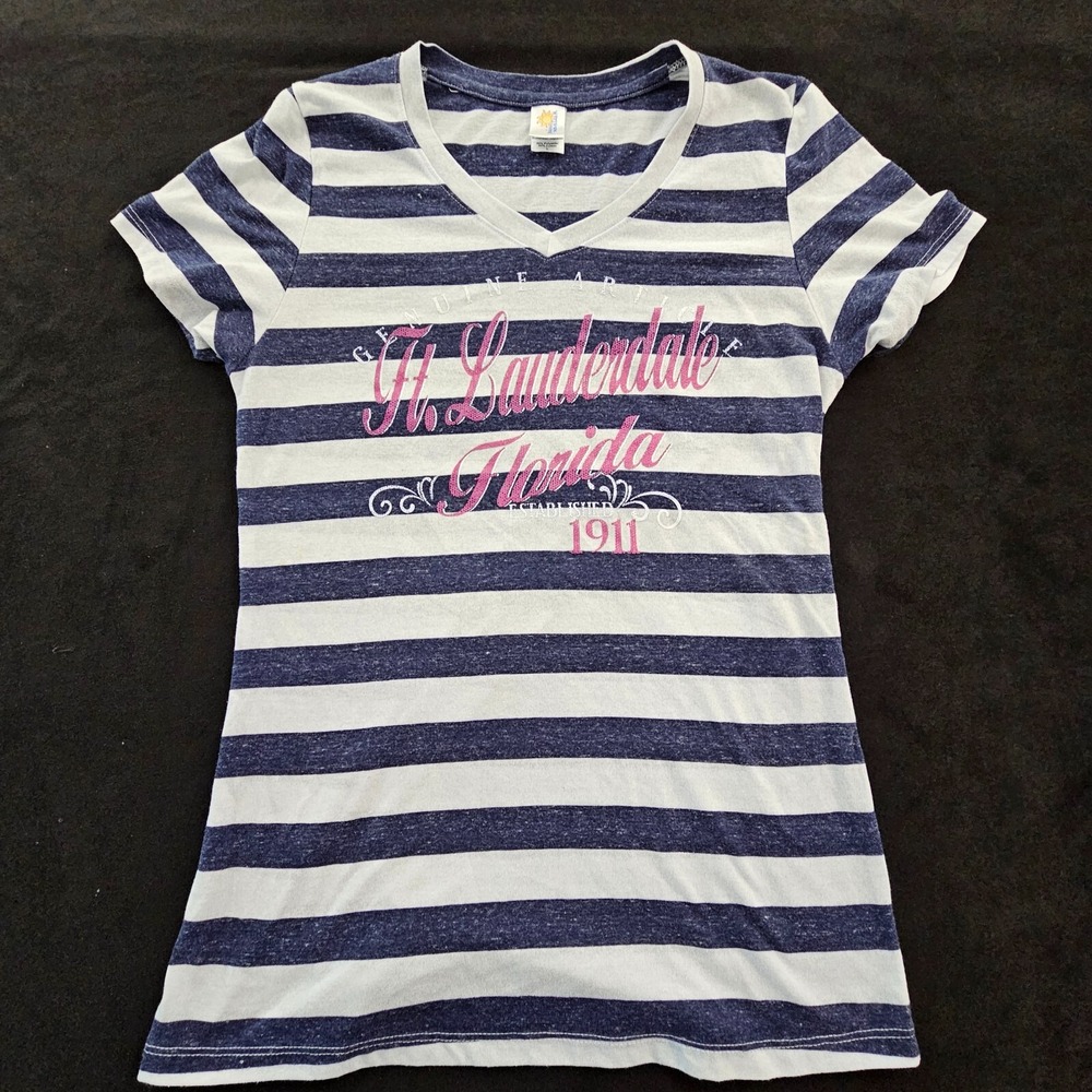 Fort Lauderdale 1911 White Striped Short Sleeve Cotton Blend T-Shirt Women's L
